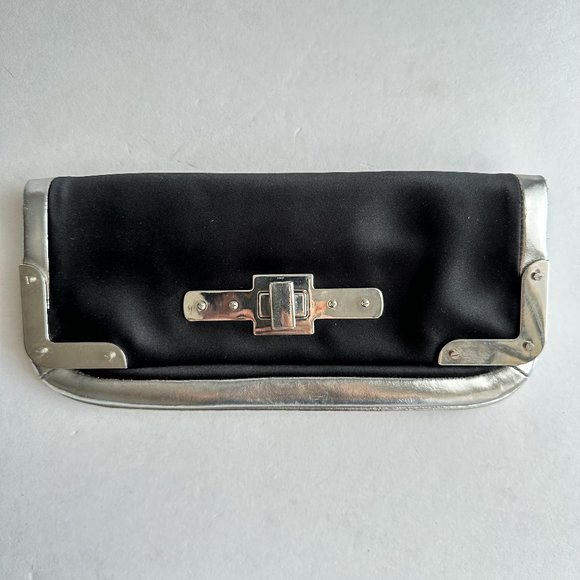 Ann Taylor Mini Satin Black Silver Purse Clutch Modern Design Evening Bag - Picture 1 of 9